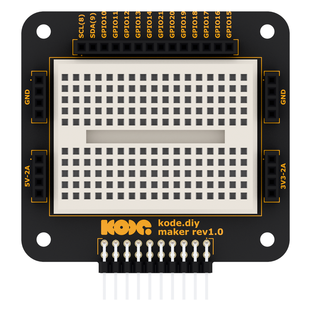 Maker Module for Kode Dot, top view with breadboard and pin labels