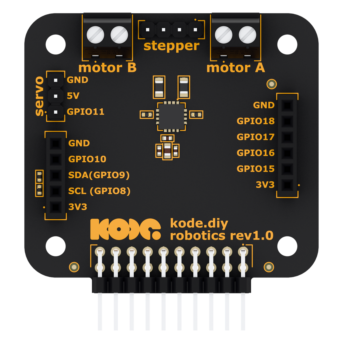 Robotics Module for Kode Dot, top view with pin labels